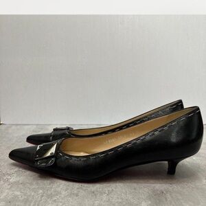 Emanuel Ungaro Black Leather Pointed Toe Kitten Heel Pumps with Buckle